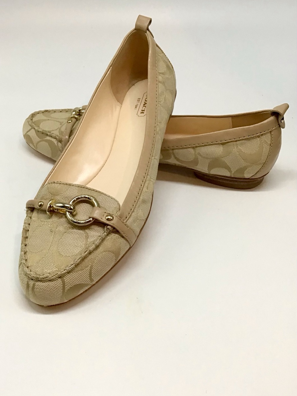 Coach Beige Signature Canvas Loafers with Gold Ring Detail